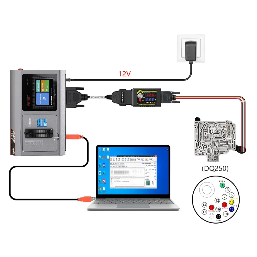GODIAG G-V ECU Cable for Connecting Xhorse MULTI PROG with GT107 or GT107+ GPT BENCH BOOT to Read & Write Data on VAG Gearbox ECU, Engine ECU - Adapter and connection details