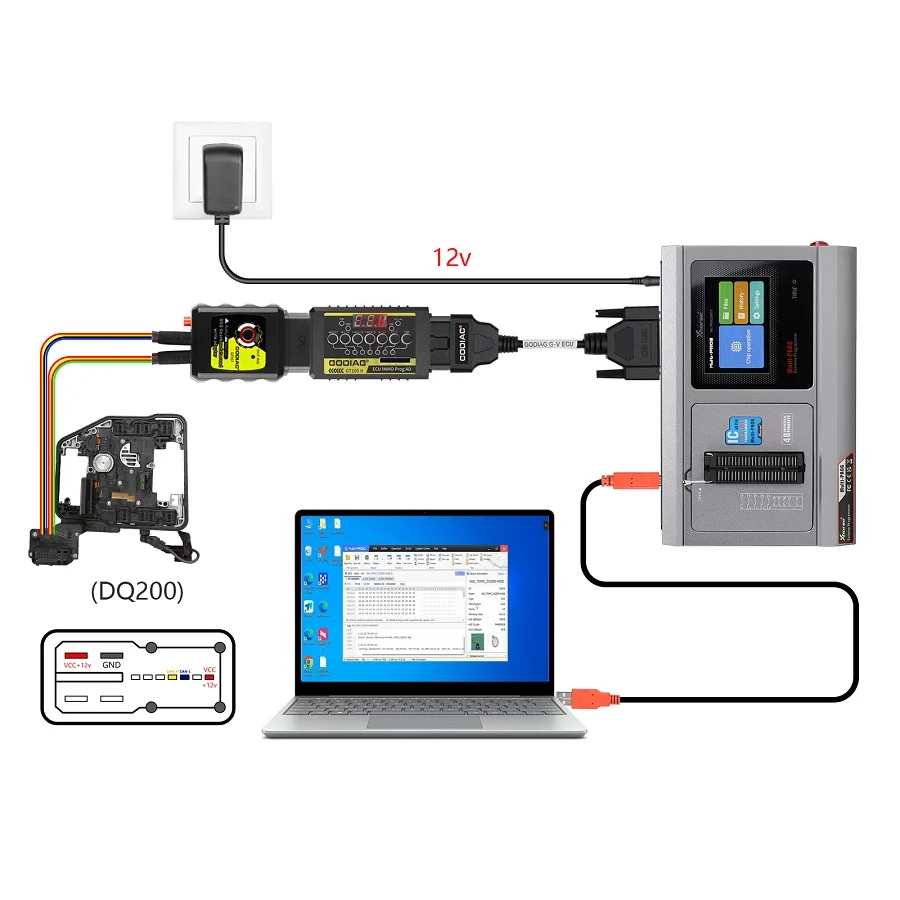 GODIAG G-V ECU Cable for Connecting Xhorse MULTI PROG with GT107 or GT107+ GPT BENCH BOOT to Read & Write Data on VAG Gearbox ECU, Engine ECU - Adapter and connection details