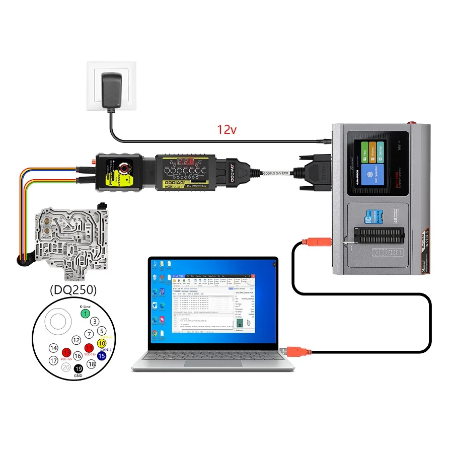 GODIAG G-V ECU Cable for Connecting Xhorse MULTI PROG with GT107 or GT107+ GPT BENCH BOOT to Read & Write Data on VAG Gearbox ECU, Engine ECU - Adapter and connection details
