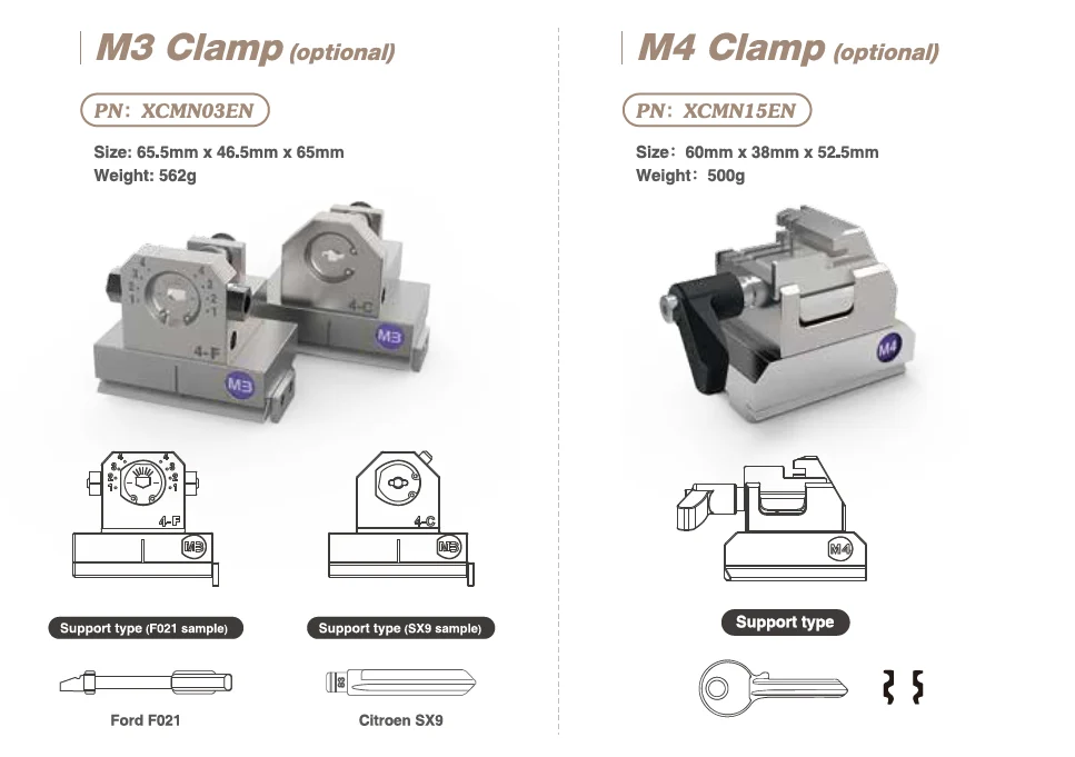 Xhorse Condor XC-Mini Plus Key Cutting Machine and Key Reader XDKP00GL - Compatible clamps, cutters, and probes