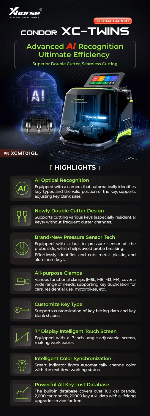 Xhorse CONDOR XC-TWINS Key Cutting Machine XCMT01GL AI Optical Recognition - Software and supported data workflow
