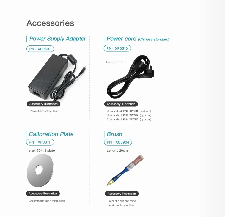 Xhorse Dolphin XP-008 Key Cutting Machine for Special Bit Double Bit Keys - Included and compatible accessories