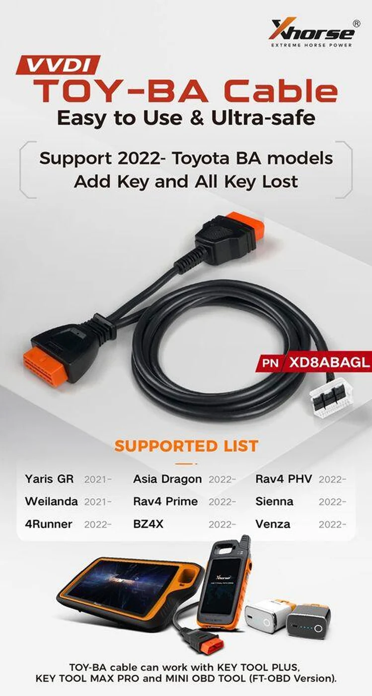 XHORSE KD8ABAGL Toyota BA All Keys Lost Adapter works with VVDI Key Tool Plus/Key Tool Max Pro/FT-Mini OBD Tool - Adapter and connection details