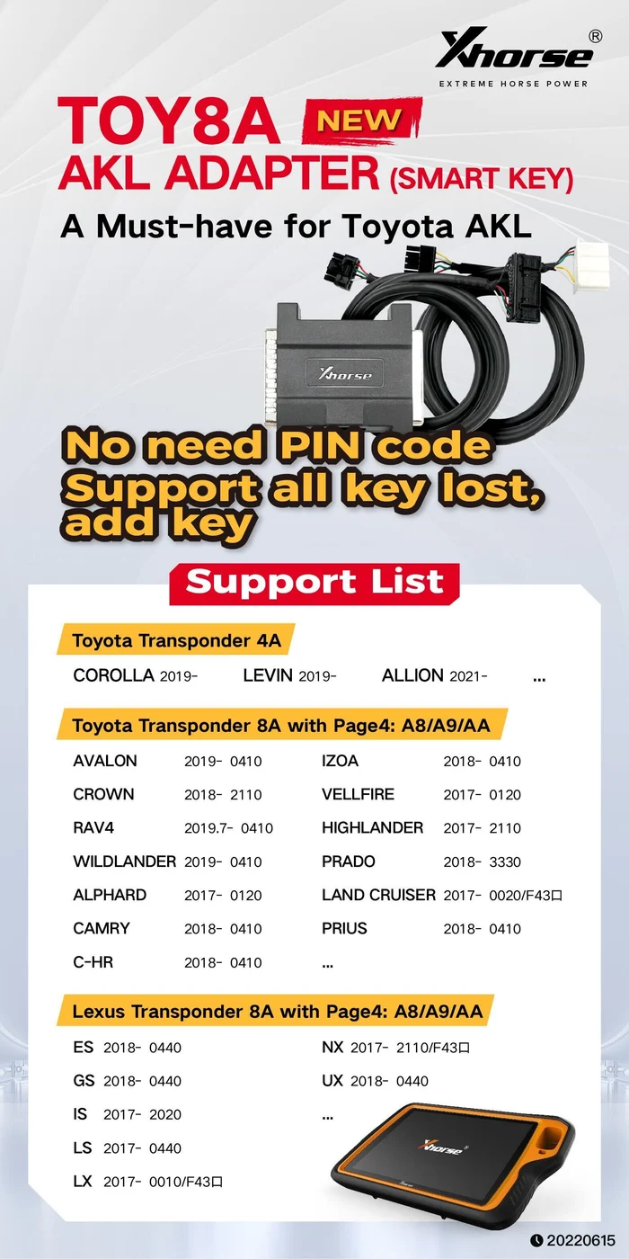 Xhorse XDBASK Toyota 8A/4A AKL Adapter All Keys Lost For VVDI Key Tool Plus - Remote and transponder details
