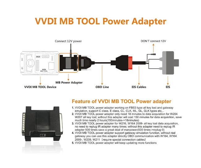 Xhorse XDMB10EN VVDI MB Tool Power adapter work with VVDI Mercedes W164 W204 W210 for Data Acquisition - Adapter and connection details