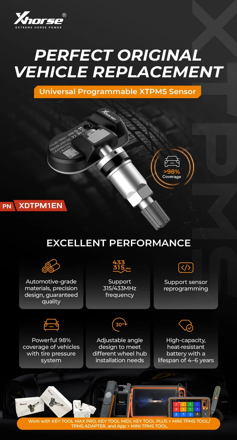 XHORSE XDTPM1EN XTPMS TPMS Sensor 315MHZ/433MHZ for Key Tool MIDI/Key Tool Plus/Key Tool Max Pro - Product feature detail 1