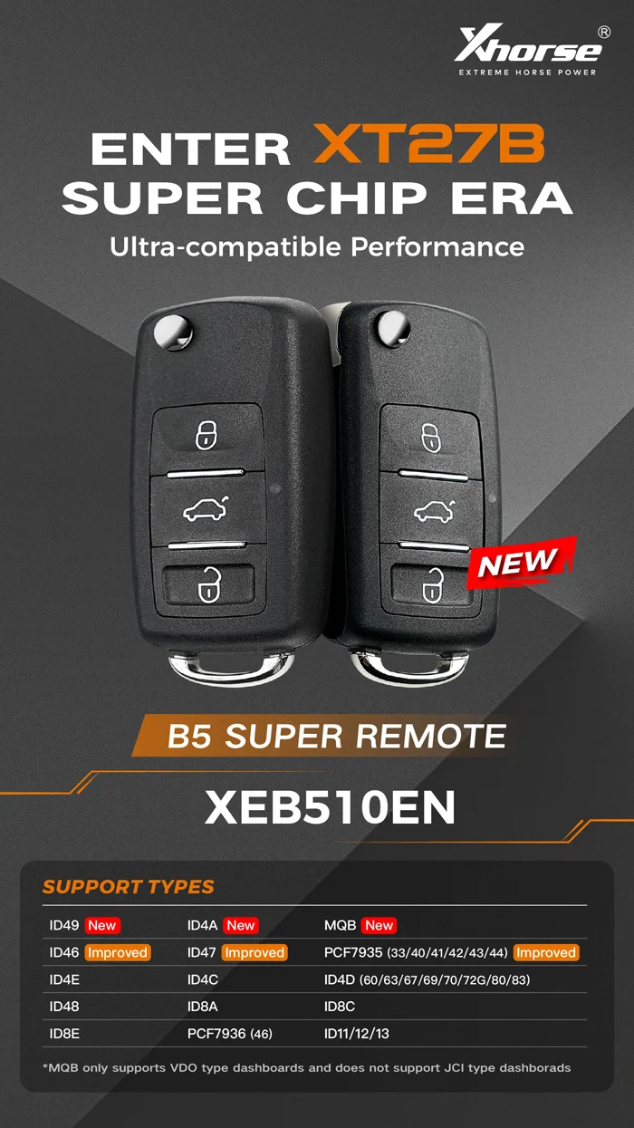 Xhorse XEB510EN Super Remote Key VW B5 Flip 3 Button Built-in XT27B Super Chip English 5pcs/lot - Remote and transponder details