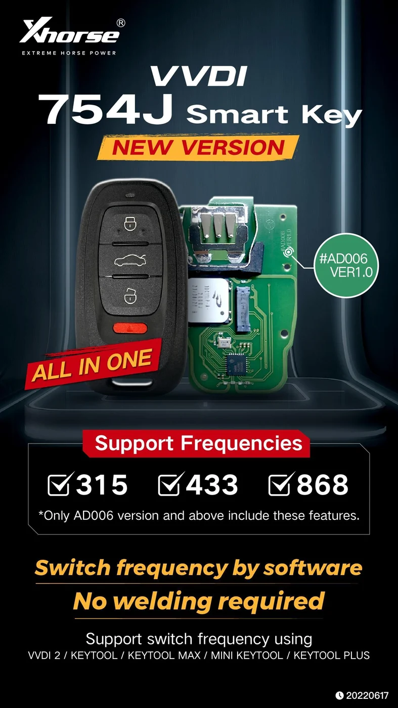Xhorse XSADJ1GL VVDI 754J Smart Key for Audi A6L/Q5/A4L/A8L support 315mhz/433mhz/868mhz 5pcs/lot - Product feature detail 1