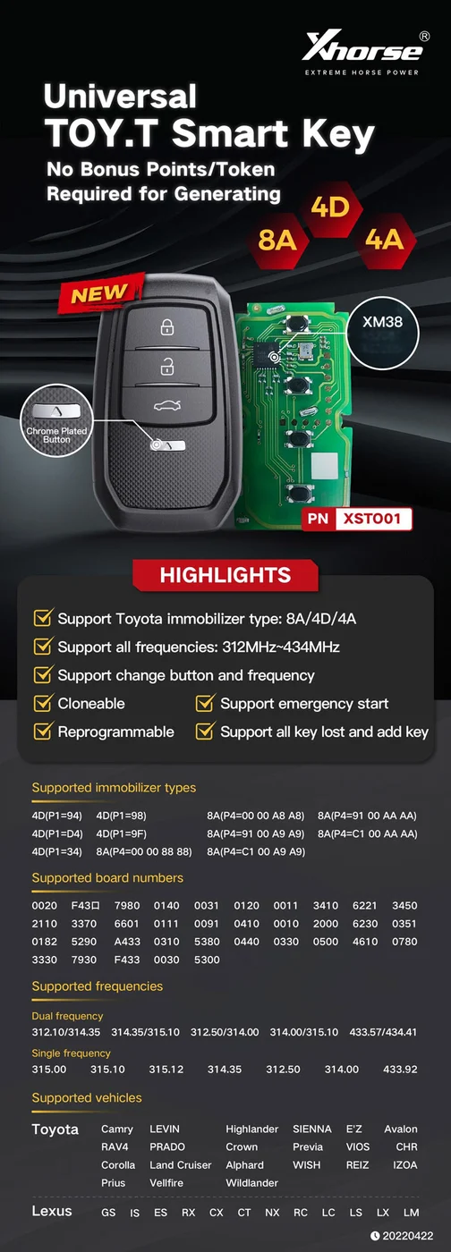 Xhorse XSTO01EN Smart Remote Key Toyota XM38 4D 8A 4A All in One 4 Buttons Key English - Product feature detail 1