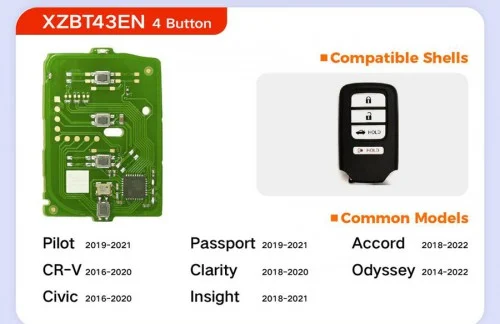 Xhorse XZBT43EN Remote Key Honda 4 Buttons PCB For Pilot/Accord/Odyssey/Insight/CR-V/Passport/Civic/Clarity English 5pcs/lot